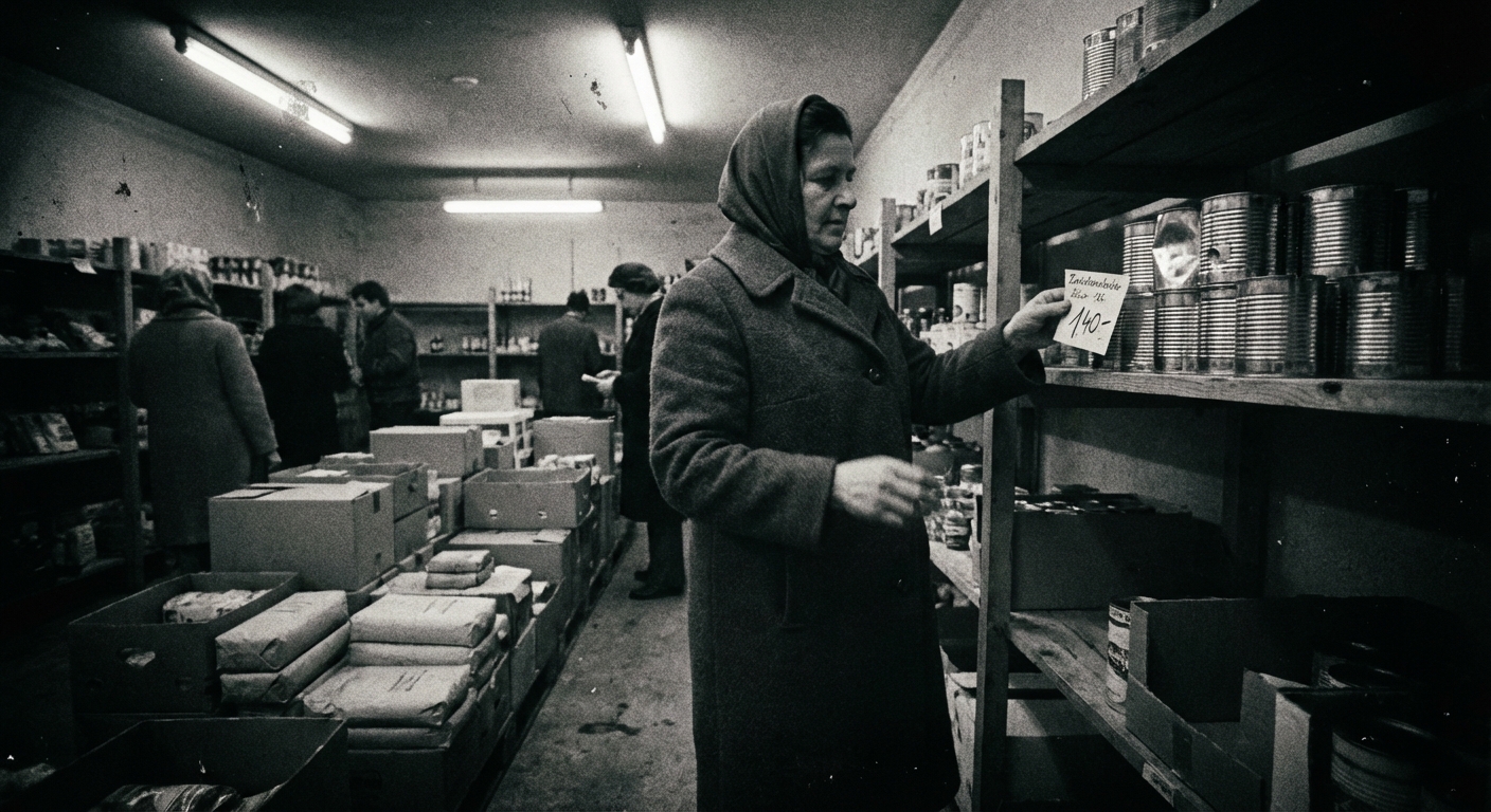 Grainy black and white photograph of a sparse West German discount grocery store interior, 1974 — harsh fluorescent light, plain shelves, a woman examining a price tag