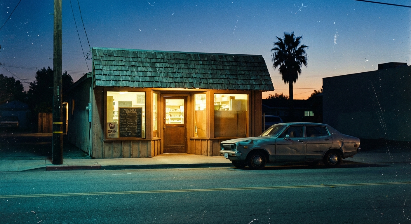 Kodachrome photograph of a small California grocery storefront at dusk, 1977 — warm glow from inside, cedar shingle awning, palm tree, beat-up Datsun at curb