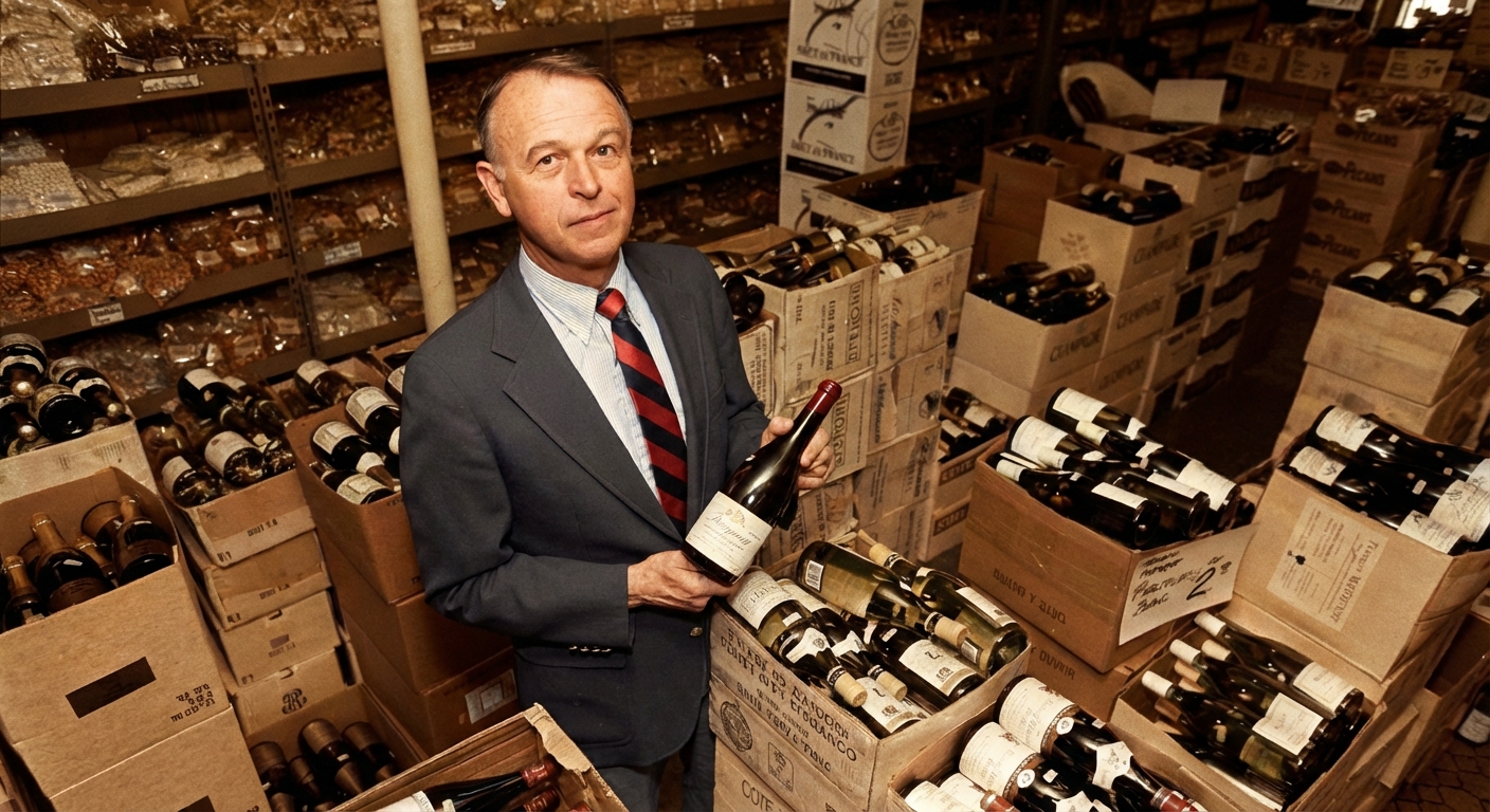 Joe Coulombe holding a bottle of wine surrounded by cases of wine inside one of his Trader Joe's stores