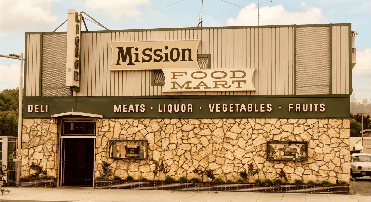 Mission Food Mart storefront in the 1960s — a small convenience store with stone facade, selling deli, meats, liquor, vegetables, and fruits