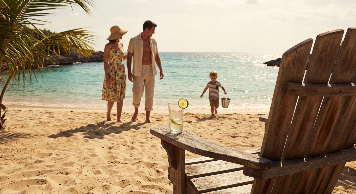 A 1960s Caribbean beach scene — a couple and child on the sand, Adirondack chair with a drink in the foreground