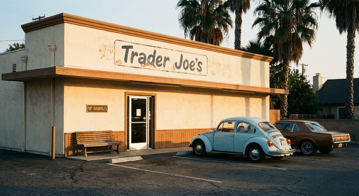 Vintage Trader Joe's storefront in Pasadena, CA at golden hour with a baby blue VW Beetle and brown sedan parked out front, palm trees in the background